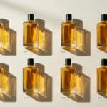 Kolekcja tanszych zamienników Dior Sauvage - dziesięć butelek perfum ustawionych w rzędzie z różnymi kolorami płynów