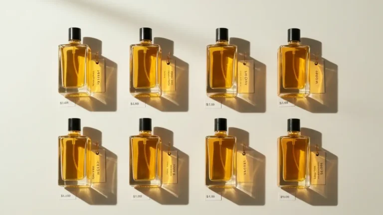 Kolekcja tanszych zamienników Dior Sauvage - dziesięć butelek perfum ustawionych w rzędzie z różnymi kolorami płynów