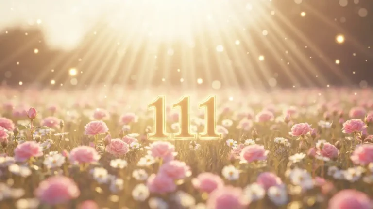 Liczba 111 otoczona zlotym swiatlem i kwiatami - symbol anielskiego przeslania o milosci