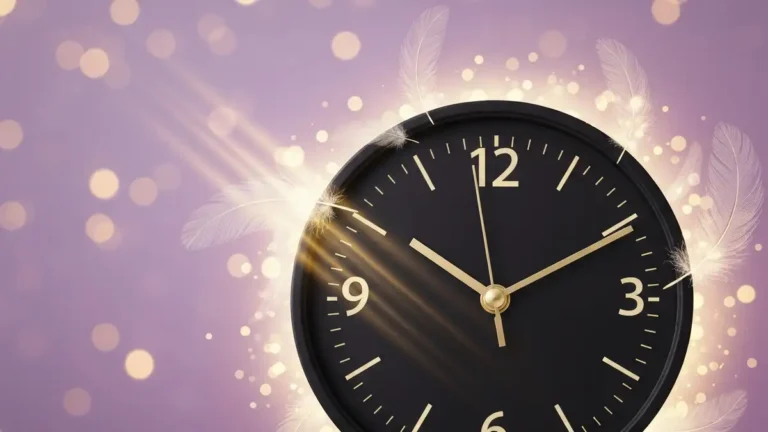Godzina lustrzana 12:12 na tarczy zegara otoczonej swiatlem i symbolami anielskimi