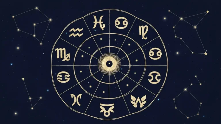 Koło zodiakalne z 12 znakami zodiaku i symbolami astrologicznymi na granatowym tle z gwiazdami