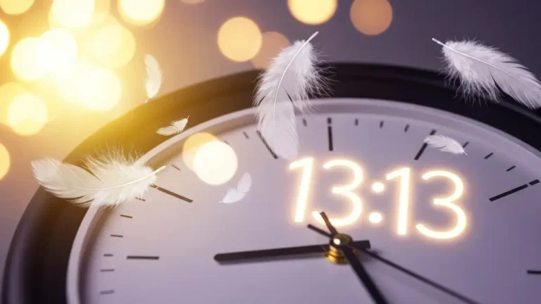 Godzina lustrzana 13:13 na tarczy zegara z symbolami numerologicznymi i anielskim swiatlem