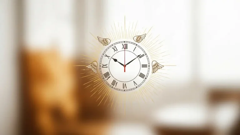 Godzina lustrzana 18:18 na tarczy zegara otoczonej swiatlem i symbolami numerologicznymi