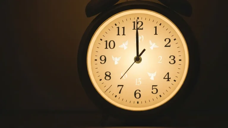 Zegarek pokazujacy godzine 20:20 otoczony delikatnym blaskiem na ciemnym tle z symbolami numerologicznymi