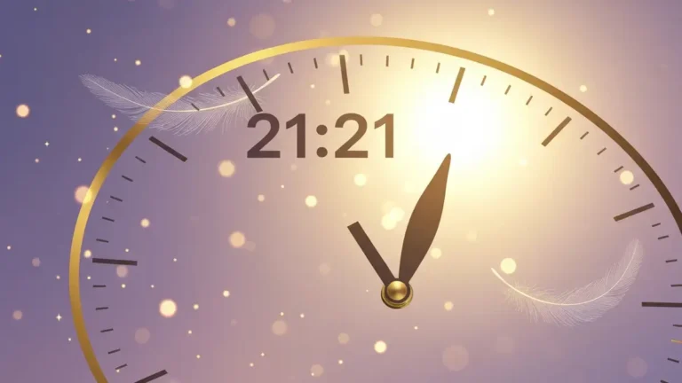 Godzina 21:21 na tarczy zegara z motywem anielskim i numerologia