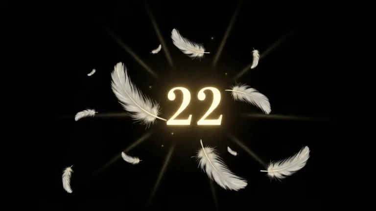 Liczba 222 świecąca złotym blaskiem na ciemnym tle z motywem anielskich piór - symbolika numerologii anielskiej