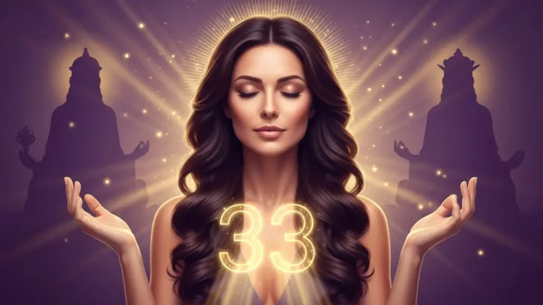 Liczba 333 otoczona zlotym swiatlem i symbolami duchowymi na ciemnym tle - znaczenie numerologiczne