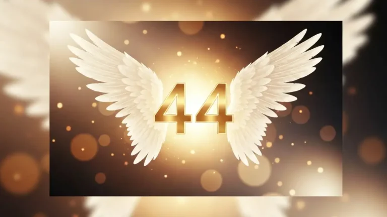 Zlota liczba 444 unoszaca sie wsrod anielskich skrzydel i zlotego swiatla - symbolika numerologii anielskiej