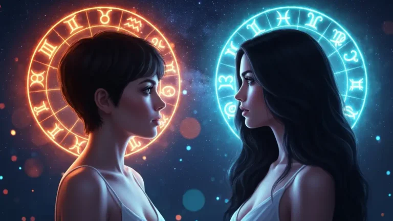 Dwie kobiety reprezentujące przeciwstawne znaki zodiaku stojące naprzeciwko siebie na tle gwiazd i symboli zodiaku