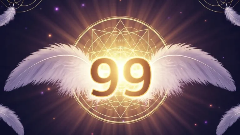 Liczba 999 w zlotym swietle otoczona symbolami anielskimi na ciemnym tle - znaczenie numerologiczne zamkniecia cyklu