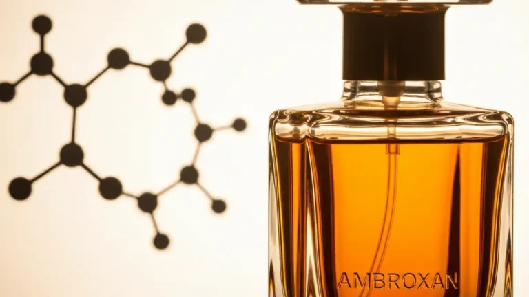 Flakon perfum z ambroksanem, nowoczesny design, nuty zapachowe w tle