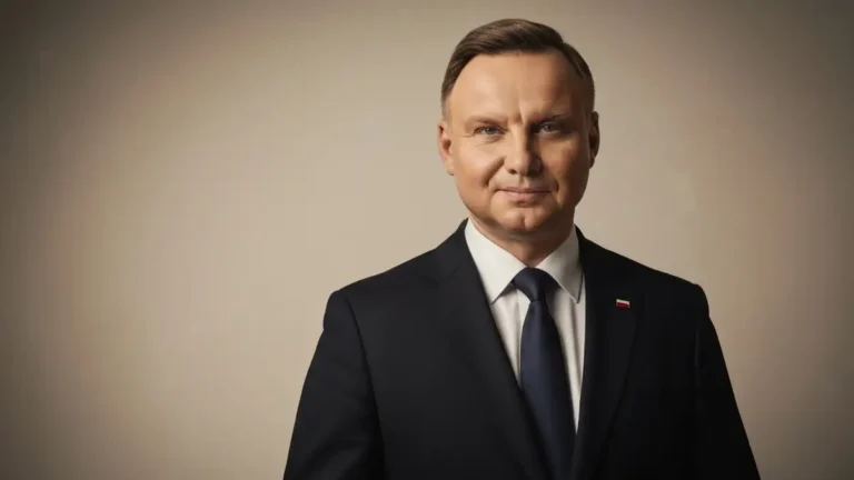 Andrzej Duda w wizytowym garniturze, portret formalny prezydenta Polski