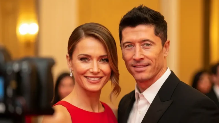 Anna Lewandowska w białej sukni obok Roberta Lewandowskiego w ciemnym garniturze, uśmiechnięci