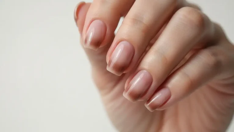 Manicure baby boomer z subtelnym ombre przejściem kolorów z beżu na brąz na paznokciach kobiety