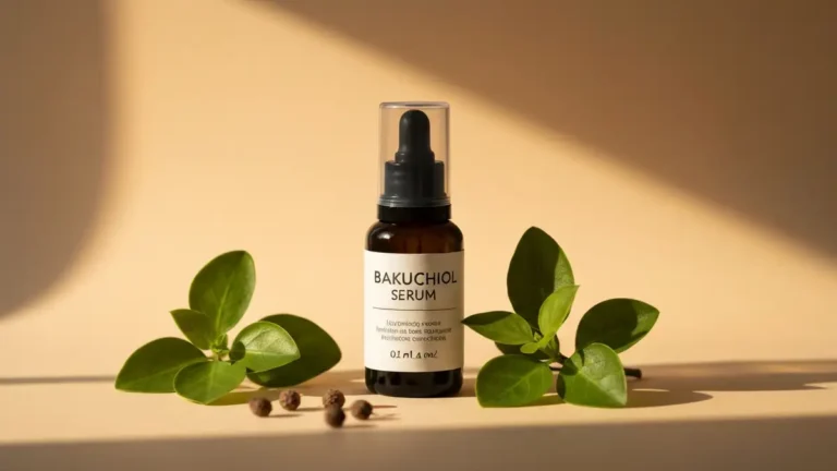 Serum z bakuchiolem na tle liści babchi - naturalny retinol alternatywa