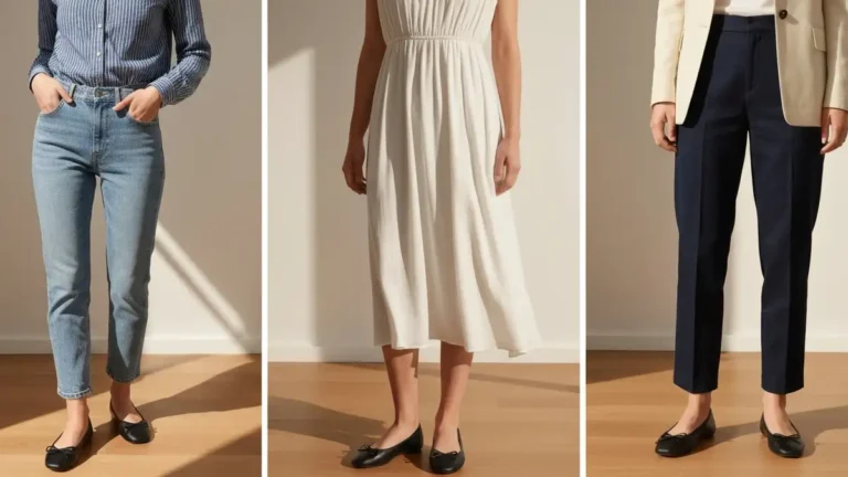 Siedem stylizacji baleriny - od codziennych do formalnych, kobieta w różnych outfitach z balerinami