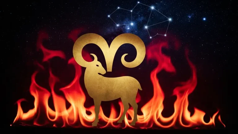 Znak zodiaku Baran - symbol barana na tle gwiazd i czerwonego zywiolu ognia