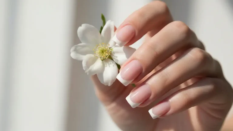 Kobieta z białym lakierem na paznokciach, elegancki manicure French