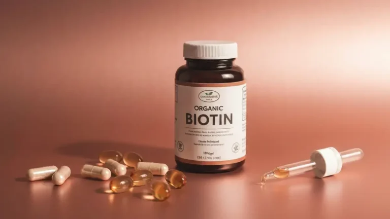 Opakowanie biotyny w postaci tabletek i gummies obok zdrowotnych włosów i paznokci na różowym tle