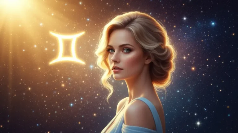 Znak zodiaku Bliźnięta - portret kobiety z symbolem Bliźniąt i motywem gwiazd