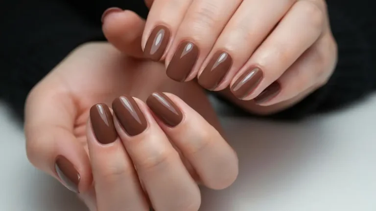 Kobieta pokazująca piękne brązowe paznokcie w odcieniach mocca i czekolady, jesienny manicure z delikatnymi wzorami, zbliżenie dłoni