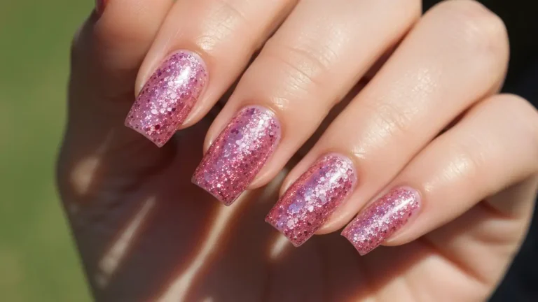 Kobieta ze brokatem na paznokciach, różowy brokat na jasnym tle, manicure profesjonalna