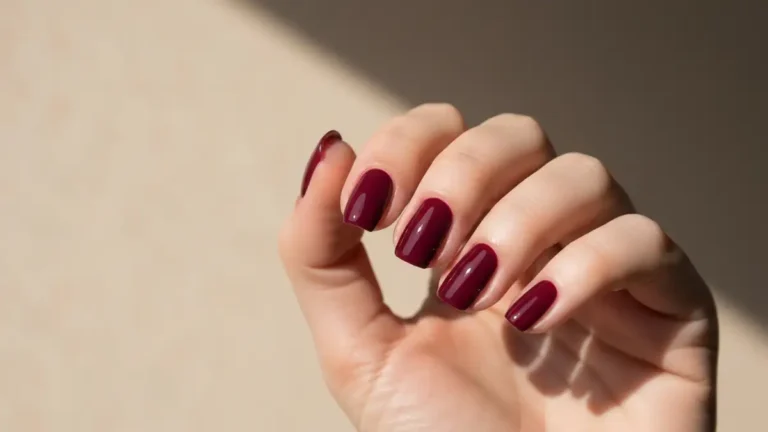Burgundowe paznokcie - głęboka czerwień na zimę, close-up dłoni z manicure hybrydowym w kolorze burgund na neutralnym tle
