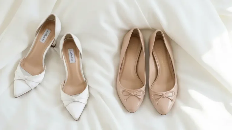 Eleganckie buty ślubne w kolorze białym i nude na szpilce obok sukni ślubnej
