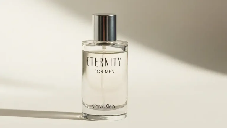 Butelka Calvin Klein Eternity For Men w klasycznym, minimalistycznym opakowaniu na jasnym tle, perspektywa 3:4 portrait