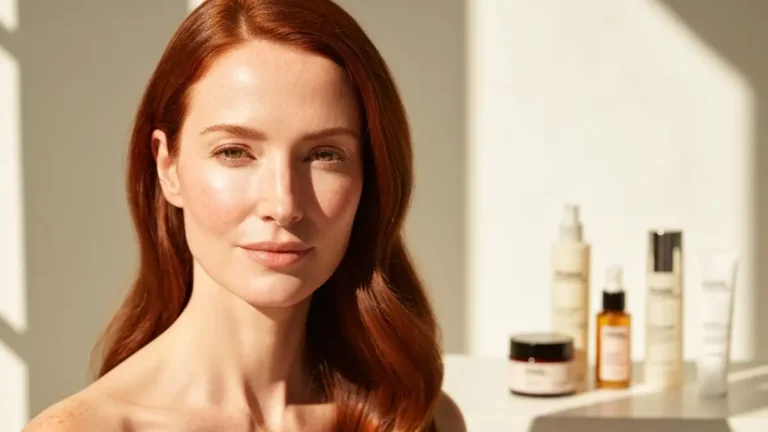 Kobieta ze spokojną, zadbana cerą naczynkową, naturalne światło, delikatny uśmiech, bez makijażu lub minimalny makeup