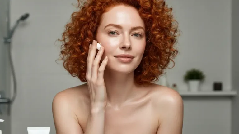 Kobieta z wrażliwą cerą applying light serum na twarz, uśmiechająca się w lustrze, soft natural lighting, skincare routine 2026