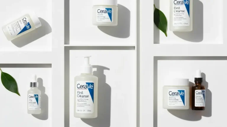 Produkty CeraVe recenzja - mleczko czyszczące, krem nawilżający i serum na białym tle z liśćmi