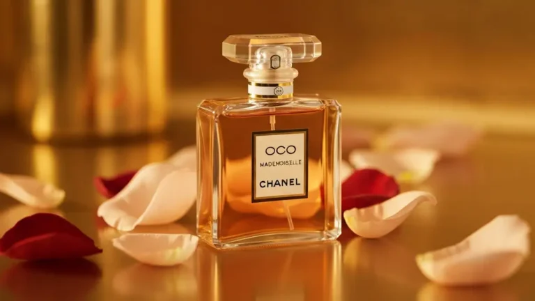 Butelka Chanel Coco Mademoiselle na złotym tle z kwiatami róży, symbol luksusowego zapachu damskiego