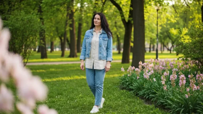 Kobieta w wiosennej stylizacji - niebieskie jeansy, kremowa koszula i denim jacket na tle parku