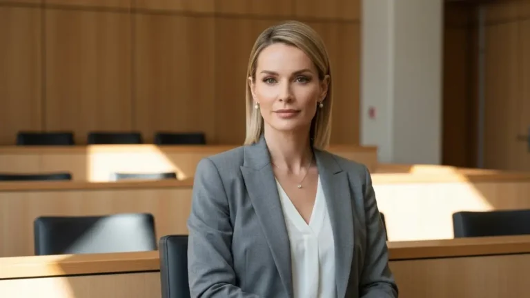 Elegancka kobieta w szarym żakiecie i białej bluzce siedzi na sali rozpraw sądowych, stylizacja formalna i profesjonalna