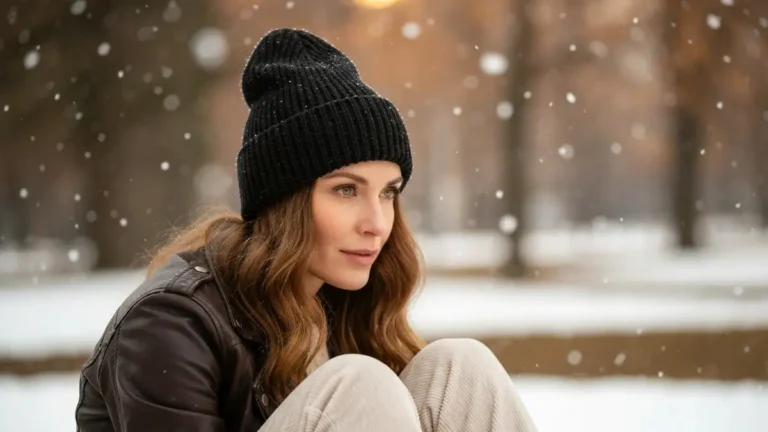 Kobieta w czarnej czapce beanie z rozpuszczonymi falowanymi włosami, zimowy portret, 3:4 portrait orientation