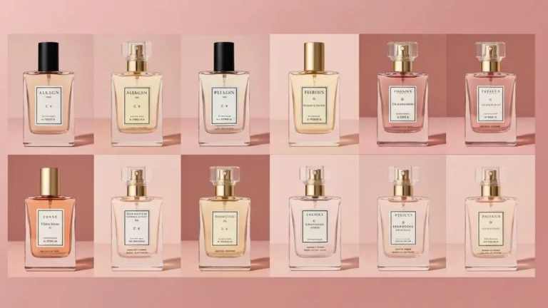 Kolekcja 15 dyskretnych damskich perfum do biura w eleganckich flakonach na białym tle