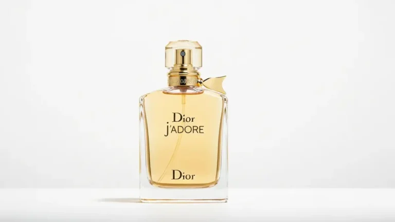 Flakona perfum Dior J'adore z golden eleganckim opakowaniem na jasnym tle