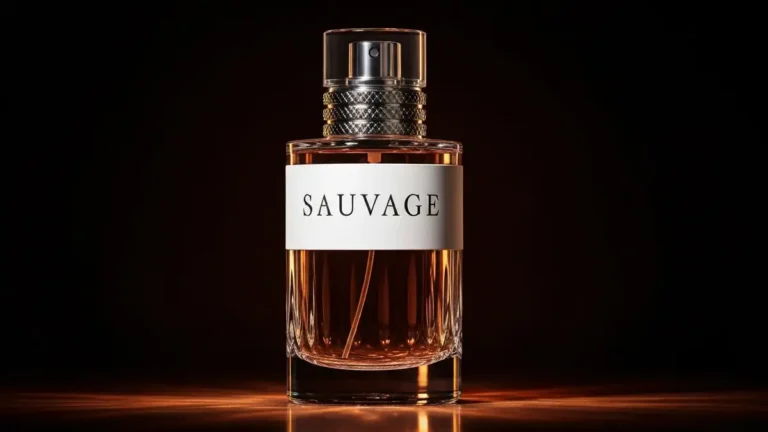 Butelka Dior Sauvage Eau de Parfum na czarnym tle z rozświetleniem, elegancka szklana flakona z białą etykietą