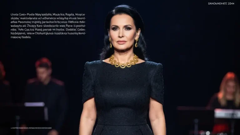 Doda podczas gali muzycznej w czarnej sukni, patrząca w kamerę poważnie, złote akcenty na szyi