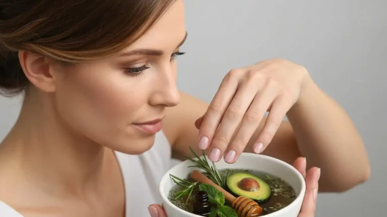 Kobieta trzymająca ręce nad miską z naturalną kąpielą do paznokci, świeże zioła i olejki wokół, studio o miękkim świetle