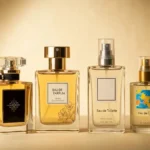 Cztery butelki perfum reprezentujące różne stężenia: parfum, eau de parfum, eau de toilette i eau de cologne na białym tle