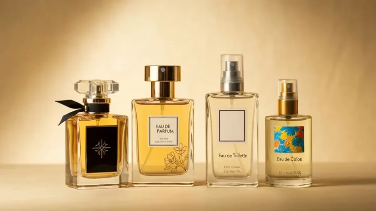 Cztery butelki perfum reprezentujące różne stężenia: parfum, eau de parfum, eau de toilette i eau de cologne na białym tle
