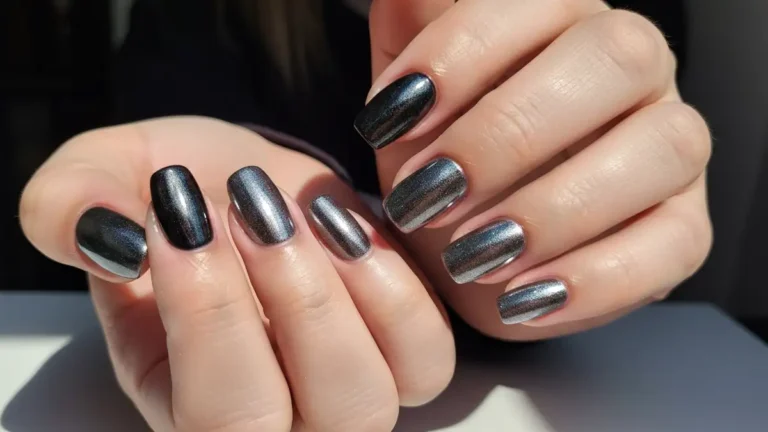Kobiece dłonie z efektem lustrzanym chrome nails w kolorze srebra i czerni
