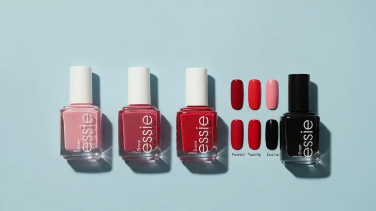 Kolekcja kultowych lakierów Essie - Ballet Slippers, Forever Yummy i Licorice na drewnianych nożyczkach i pędzlu do manicure