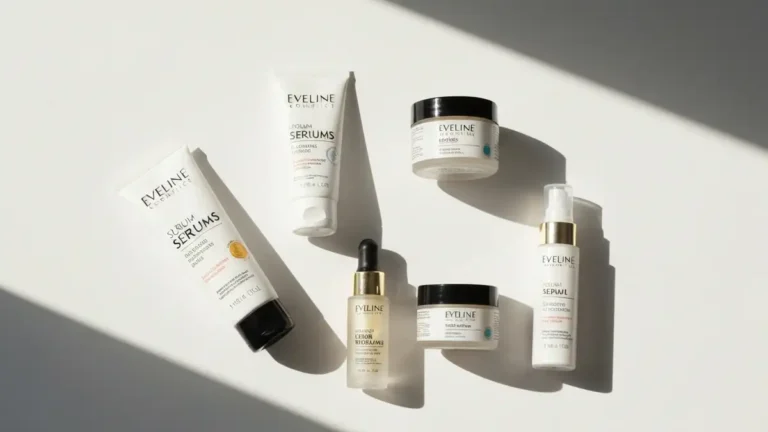 Produkty Eveline Cosmetics - bestsellery do pielęgnacji twarzy i ciała ułożone na jasnym tle