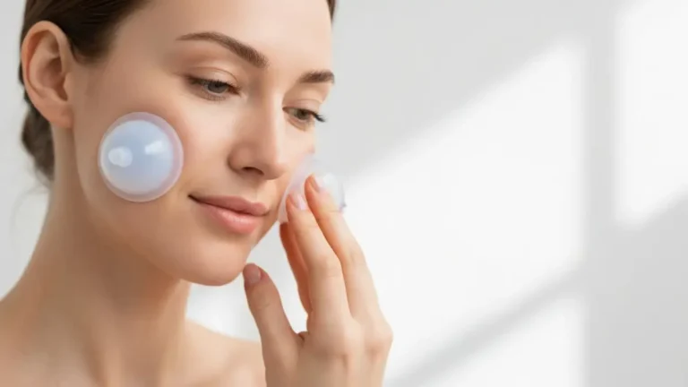 Kobieta wykonująca facial cupping na twarzy silikonową bańką, masaż twarzy bańkami chińskimi