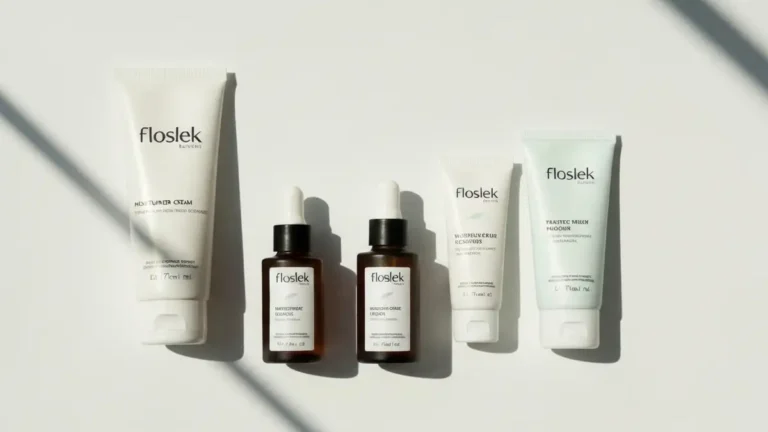 Produkty Floslek - polska kosmetyka hipoalergiczna w butelkach i tubkach na jasnym tle
