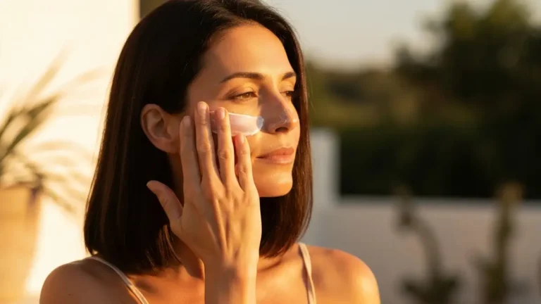 Kobieta nakładająca krem ze SPF na twarz latem, odbijające się promienie słoneczne, minimalistyczny naturalny styl