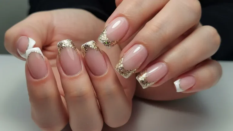 Elegancki french manicure z brokatowym połyskiem na końcu paznokcia